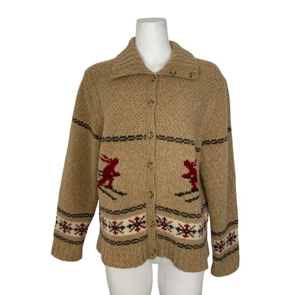 Eddie Bauer Vintage Ski Lambs Wool Cardigan Sweater XLP Petite Beige Long Sleeve - Picture 1 of 12